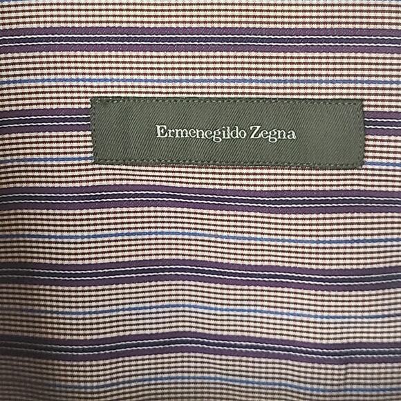 Ermenegildo Zegna  Blue Purple Brown Striped Cotton Sheen XXL Men's Dress Shirt - Picture 2 of 15